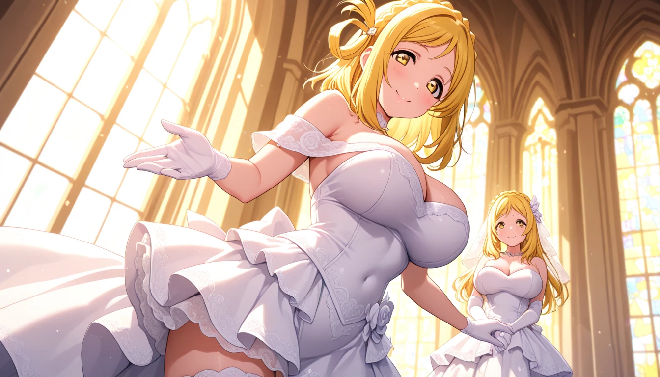 Apron appearance、(Highest quality:1.2, Very detailed, up to date, Vibrant, Ultra-high resolution, High Contrast, masterpiece:1.2, Highest quality, Best aesthetics), (Small face), (Very detailedな肌:1.2), One Woman, (blonde, Long Hair, Ahoge, blue eyes), (Slim figure:1.4, Woman with slim body and large breasts), Beautiful Eyes, Glossy Lips, Glowing Skin, Beautiful thighs, ((smile)), ((Random Pause:1.4)), (Off the shoulder, elegant black dress, Corset belt, Jewelry Products, Beautiful buttons, Long skirt with high waist, Dress designs that accentuate the bust), (Sexy Body), Perfect Fingers, Five Fingers, (church, Stained glass, Beautiful light), Background Blur,