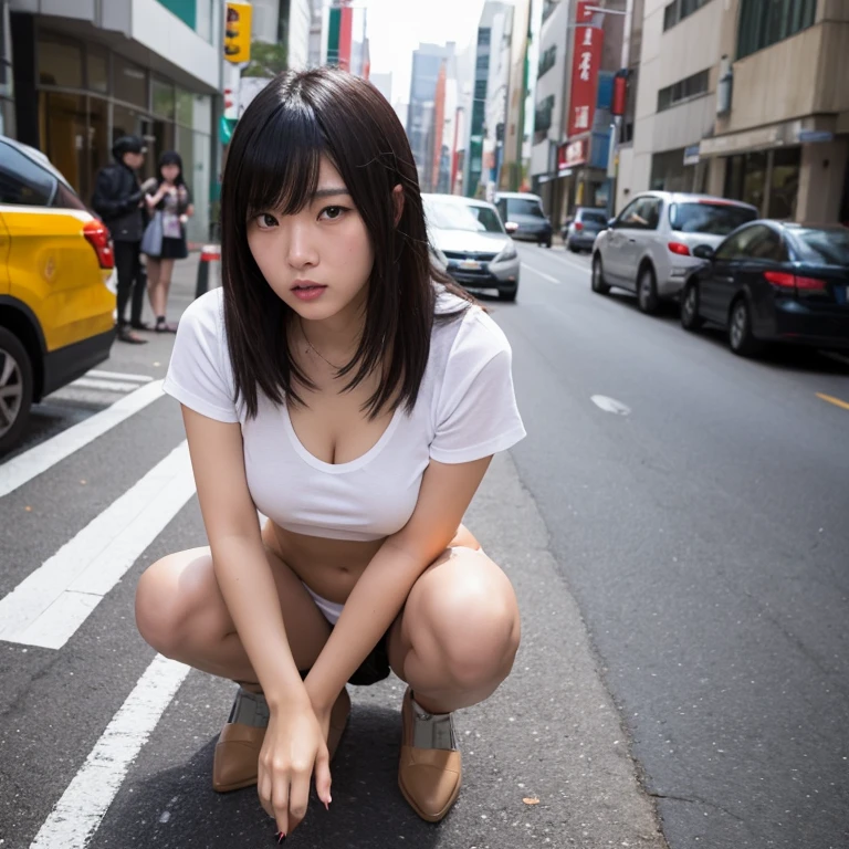 ((((M pose with legs spread )))), (((((( showing cunt )))))), naked with only cutter shirt on, legs wide open, (((dark pubic hair))), cutter shirt flips up in wind, (((( teasing crotch with hand )))), ((female genitalia visible)), (((( fingering female genitalia )))), love juice flowing from female genitalia, obscene clothing, (((Tokyo Street: 1.5)), woman in street: 1.3, background is street)), in street with crowd, low angle, photo taken from ground level, (equipment: 1. 3, wearing white cutter shirt, bare bottom: 1.2, large breasts: 1. 2), ((very dense skin)), one woman, cute Japanese gal, ((full body: 1.5)), upward glance: 1.1, (((erotic expression))), (long, dark hair: 1.3)), stylish, very fine, attention to detail, (white skin), beautiful legs: 1.1, anatomically correct body