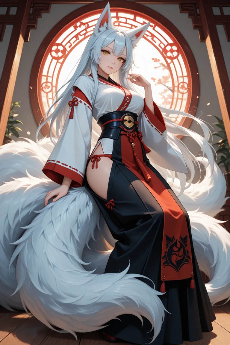 "A young woman, 20 years old, wearing a fantastical Japanese kimono with a predominantly white color. She has fox ears on her head, no human ears, and long white hair. Her eyes are a striking red, and she has a subtle red blush on her cheeks. From the hem of her kimono, a long fox tail gracefully extends. The scene is set in a misty, magical background with a cinematic feel, high-definition, as if enveloped in a dreamlike fog."