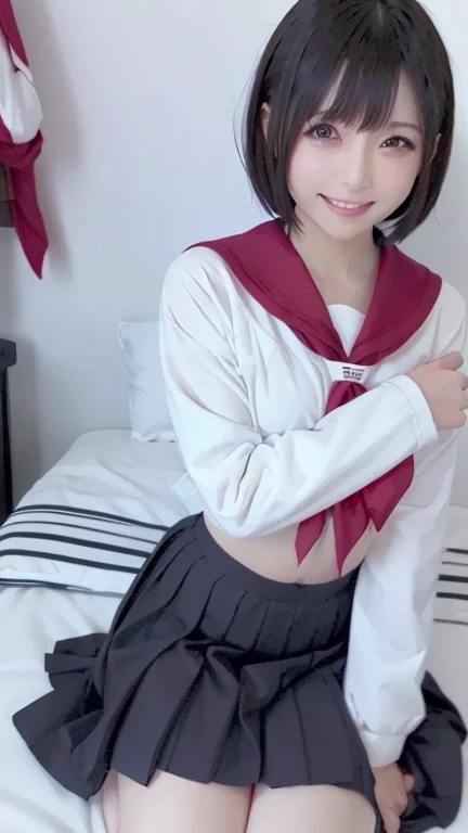 medium hair、bob cut、sailor suit、mini skirt、Big eyes、high school student、low length、natural face、natural eye、lying on the bed、raise your legs、open your legs、pussy、smile
