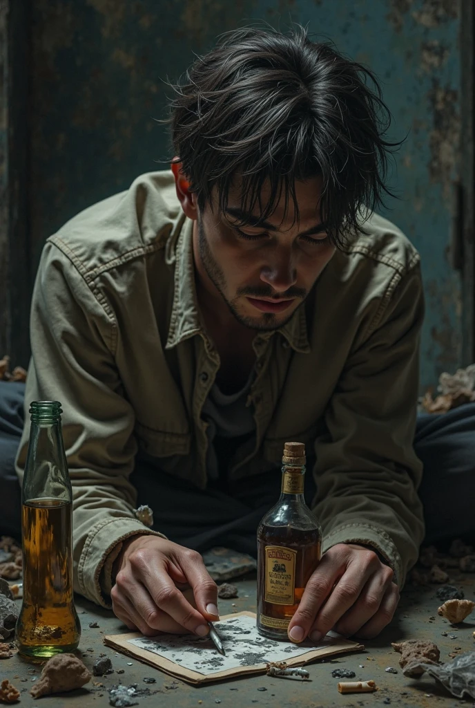 Martin, in a dark and messy room, with empty alcohol bottles everywhere. His face is drawn and his eyes reflect immense pain as he sinks into his own misery..