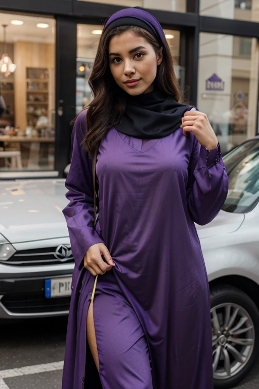 A beautiful Asian girl in a long hijab with tight and clearly visible breasts, With dark colored clothes, and good quality images