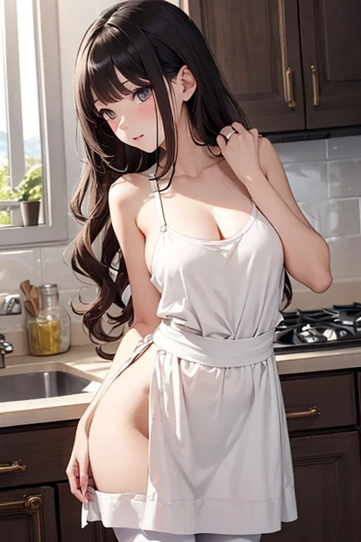 masterpiece, best quality, a sexy woman with a beautiful hips in the kitchen posing by a sink, 1girl, sink, ass, naked ass, solo, only wearing bra , bottomless, no panties, indoors, long hair,