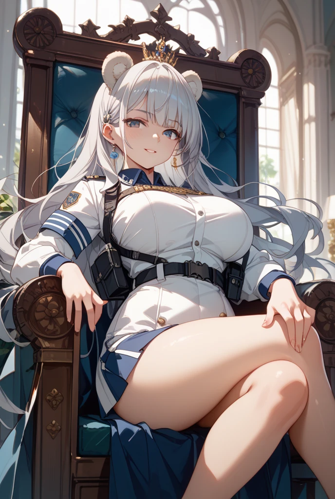 a beautiful girl with long white hair, wearing a police uniform, slender figure, (large breasts), (large bottom), (handcuffed), (trapped), traje de oficial, (esposada), atrapada., (en una escuela)