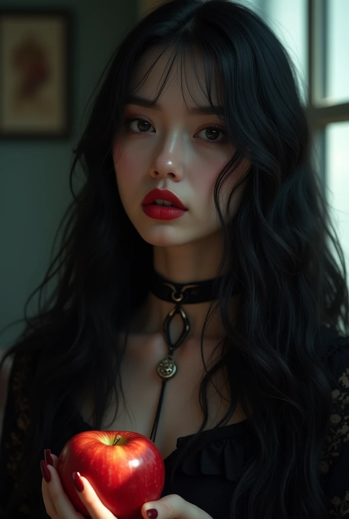 A woman of extraordinary beauty with long, thin hair that falls in silky waves around her face. His eyes are large and penetrating., with an intense look that captures attention. She is wearing a tight black dress that accentuates her perfect waist and highlights her curves in an elegant way.. The dress is a classic design with a modern twist., with a flowing drape and a tight fit that highlights your slim figure. The overall atmosphere is sophisticated and enigmatic., with a sense of confidence and grace in her posture.