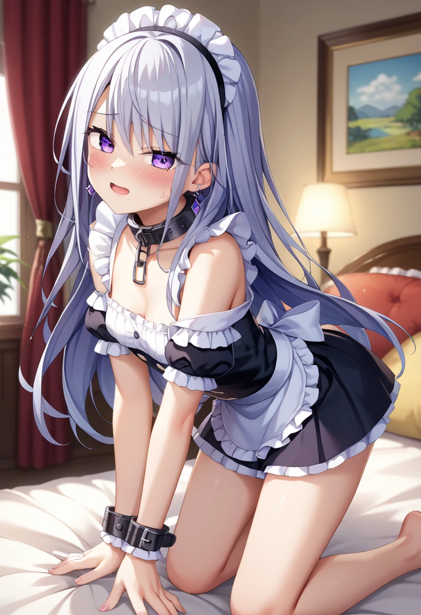 ((((loli)))) soft light, ray trace, depth of field, best quality, ultra high res, prefect anatomy, prefect skin, extremely intricate, 8k uhd, 1girl, 15yo, ((gray long hair)), ((small breasts)), luxury, ((white camisole)), ((wet clothes)),  ((panties removed)), frilled skirt, Tucked Flared Lace see-through Blouse, small breasts, Backless Maid, shorts, side tale, lify skirt myself, show off panties, white see-through panties, camel toe, back, highres 1girl black_ribbon grey_hair hair_between_eyes hair_ornament hair_ribbon looking_to_the_side purple_eyes ribbon sitting solo twintails upper_body, ((torn clothes)), ((torn legwear))