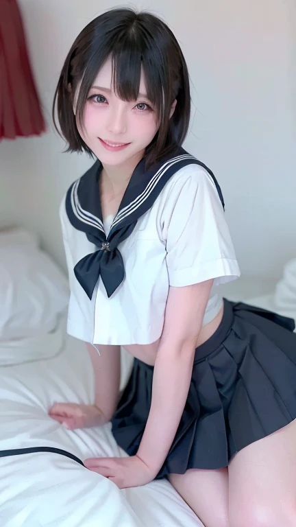 Neat and clean high school girl、(school uniform、Sailor suit、Ribbon tied on chest、Summer clothes、The upper body is white、The skirt is navy blue)、On the bed、(slim)、Realistic、detailed, Skin Texture, 超detailed、Delicate and sexy collarbone、A sloppy smile、スーバーdetailedな顔、detailed唇、detailedな目、Small breasts、Small breasts、、Small breasts、Flat Chest、Accentuate your breasts、Bright Face、((Are standing、White panties are visible under her skirt、Lift the hem of your skirt slightly with both hands..,,))((Naked and wearing only a white apron、Naked sexy white apron))、Short hair with bangs、Straight Bob Hair、、Top view、12 years old、(((Dark sunburn、Tanned brown skin、Black skin color)))、(Dark brown skin:1.5)
