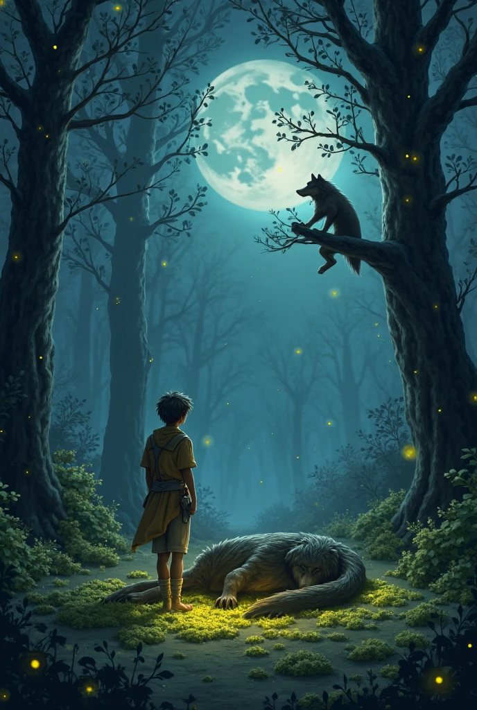 The boy stands with his back to the forest, lit by the moon, fireflies, a stream, and many wild animals.