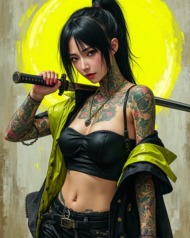 (NSFW), Masterpiece, a beautiful Asian female cyberpunk gangster, ((Korean idol Kim Jisoo:Chinese actress Li Bingbing:0.5)), (beautiful thin face:1.2), (beautiful eyes:1.2), (long red hair:1.2), (mohawk hairstyle:1.3), (viciouse gaze:1.2), (lustful expression:1.2), (pointy nose:1.2), (sexy lips:1.2), (vicious smile:1.3), (wearing open leather robe with dragon embroidered:1.3), (nudist:1.3), (huge breasts:1.3), (areola protruding:1.0), (pointy nipples:1.2), (slender body:1.2), (six-pack abs:1.3), (sexy skinny legs:1.2), (tattoos all over the body:1.5), (tattoos all over the chest:1.5), (Japanese Yakuza tattoos pattern:1.5), (very very dense pubic hair:1.3), (very very hairy genitalia:1.3), (holding katana blade:1.5), (background is cyberpunk city at sunset:1.3), (huge red sun in the background:1.3), spattered with blood, (skin texture:1.2), (dynamic pose:1.2), best quality, ultra high res, Raw photo, Nikon D850, backlight, rimlight, dimlight, film grain:1.2, (warm hue, warm tone:1.2), (color photo), a concept of neo-noir gangster girl film