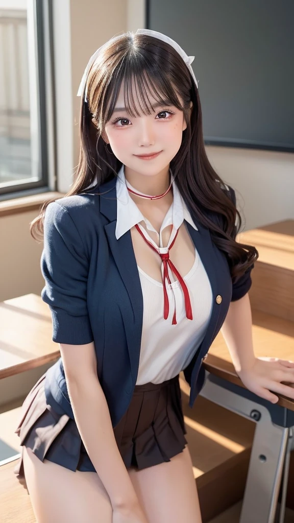 (8k, RAW Photos, Highest quality, masterpiece:1.2), (Twin tails), alone, Looking at the audience, Viewed from the front, ((性欲が強いhigh school girl:1.5))、Beautiful white skin, knees, Absurd face is small, Part your bangs down the middle, The forehead is visible, Glare, ((Mischievous Smile:1.3)), Ultra-high resolution, cute, (exterior々Colorful and sexy uniforms:1.5), high school girl, (Baby Face:1.5), Japanese women, Are standing, (Photorealistic:1.37), Photon Mapping, Realistic, cute顔が小さい, Brown eyes, prospect, Written boundary depth, Blurred Background, (I can see the bangs), Silky smooth hair, Beautiful thin thighs, Small beautiful butt, Light clothing, thigh, Nogizaka idol, Idol, (Detailed hands:1.2, Accurate hands:1.1, Beautiful little hands of a girl:1.3), (Small small breasts:1.3, Cleavage), Super quality, Low people, (Clear white skin, Skin with visible pores:1.2), (Focus on the face), Check and correct the garment construction, (Perfect Anatomy:1.3), (Detailed eyes and face:1.2, Professional photography techniques)