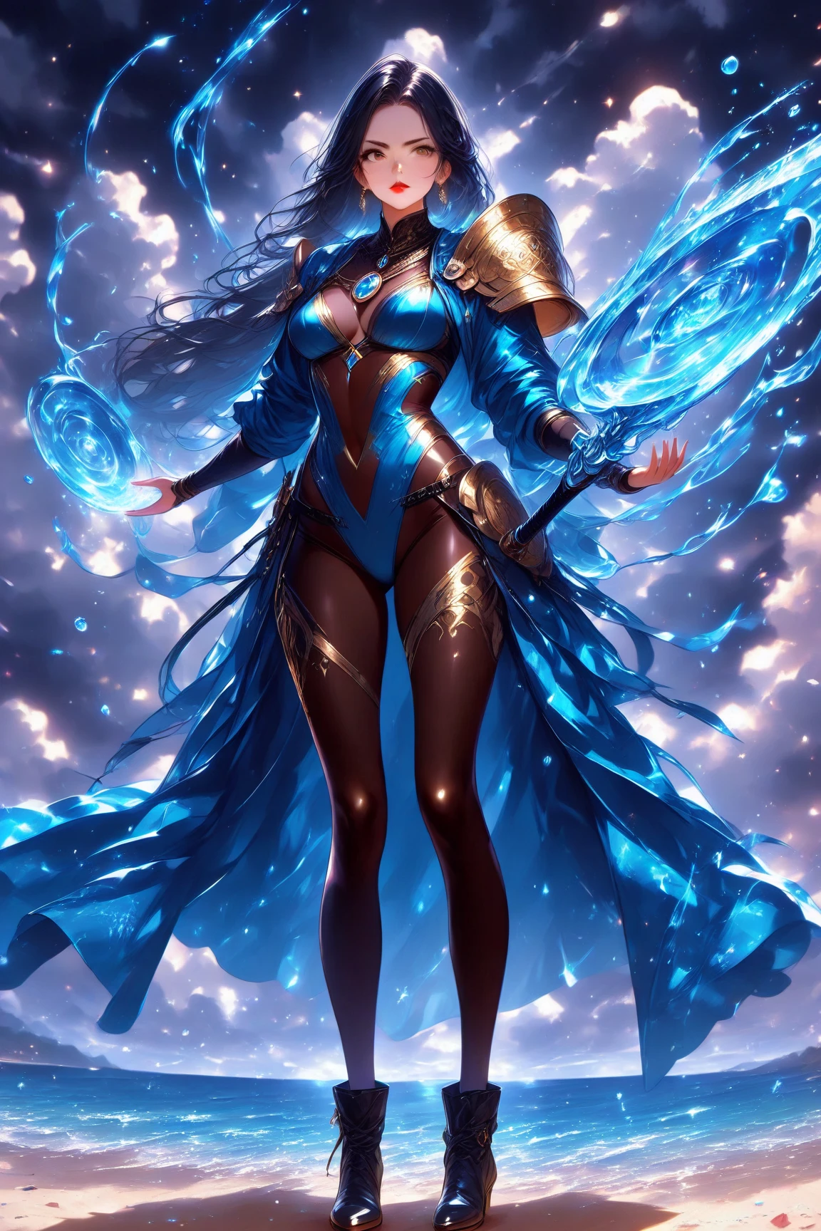 digital analysis, anime style, woman, tall, slender, elemental mage engulfed in blue flames and yellow lightning, color chaos, gold and ice tones, depth of field, beautiful, highly detailed, surreal, cinematic lighting, clear, spatial background, cinematic lighting soft, (backlight: 1.2), (blossom: 1.2), (bright light: 1.1), (chromatic aberration: 1.2), sharp focus, high contrast , masterpiece, realistic, full body