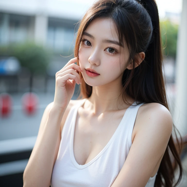 UHD, Extreme close-up of cute Korean female,Chest size 32 inches, ponytail hair, slightly smile, wearing tank top, holding mobile phone, on the street, sun shaft, blurred background
