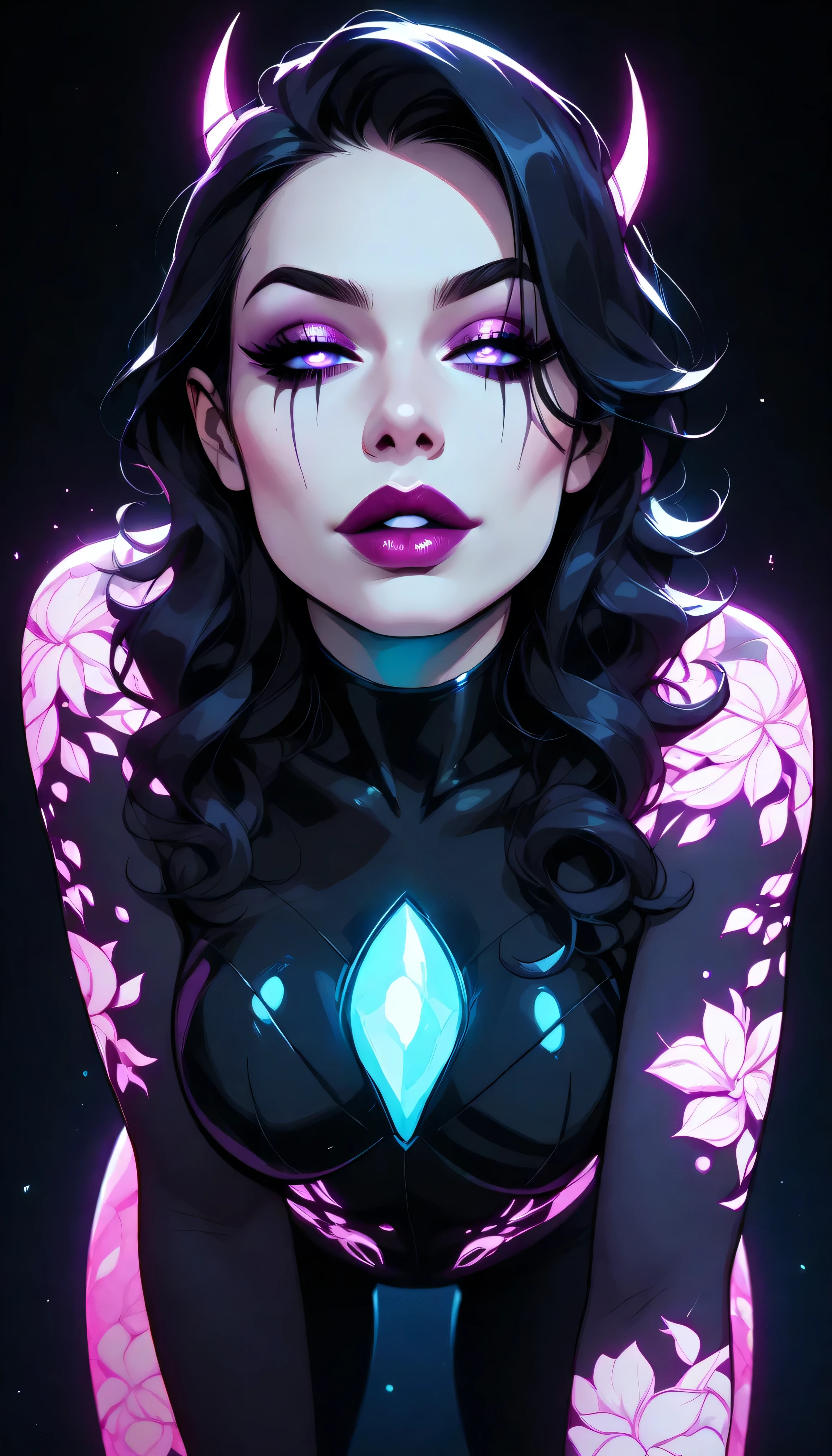 Seductive blacklight creature. be half angel, half devil. Intricate floral skin. Flawless appearance. dnd character.  dnd. ((Seductive Pose. ON ALL FOURS, Crawling)), lips uckered, ((Eye Focus Breast Focus, seductive Focus)), glowing