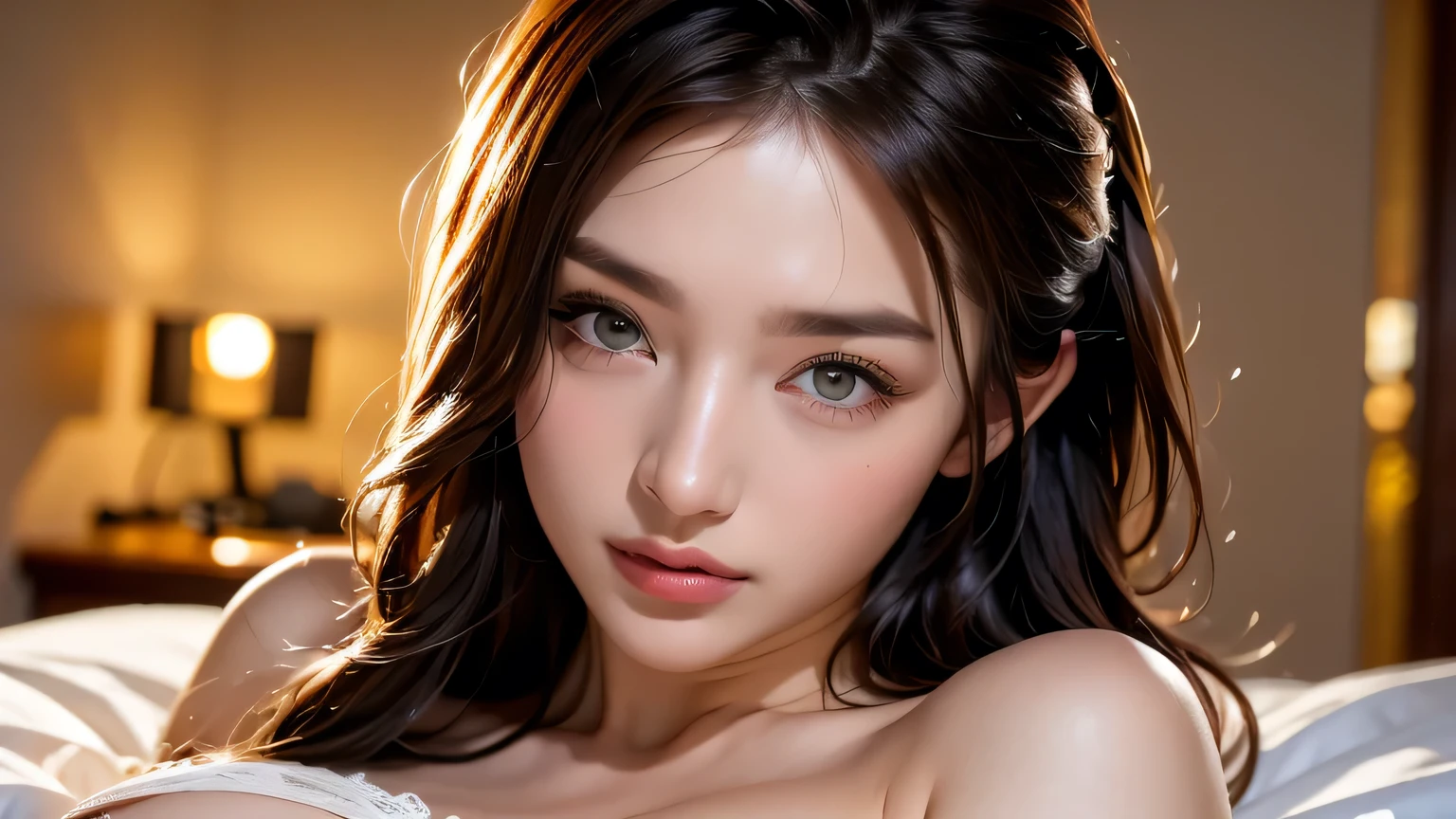 (1girl in:1.3), Cinematic Light, (masutepiece, of the highest quality, Best Quality, Beautiful and aesthetic:1.3), ighly detailed,highest details,(Ultra-detailed),,
From above,(( lying on bed)),
Solo, breasts, Silky long hair, (Brown hair), Roses were scattered all over the beds,
((Suit)), ((Shirt)), opened breast,