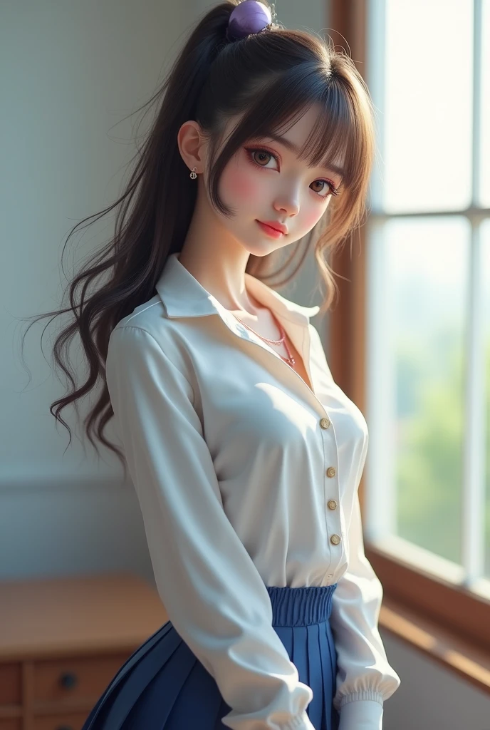 ultra realistic 8k cg, picture-perfect face, flawless, clean, masterpiece, professional artwork, famous artwork, perfect face, beautiful face, beautiful eyes, ((perfect female body)), solo,(immersive atmosphere, chiaroscuro:1.5,bright light:1.2,luminous lighting)
,,(blush:0.5),seductive expression,extremely detailed_eyes,thick thighs,large breasts,
beautifully detailed background,depth of field,realistic:1.3, long shot,1girl,shirt,pleated skirt, school uniform, sitting, full body, 
(ambient light:1.3),(cinematic composition:1.3),(neon lights:0.1),(HDR:0.1),Accent Lighting, white pantyhose,