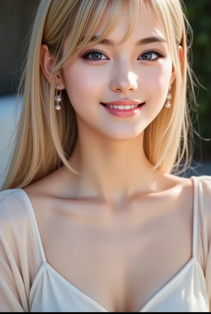 (realistic、masterpiece、Best Quality、8K、highres、high resolution:1.3)、1 girl、Huge breasts、smile, white bikini、pale white skin、looking at viewers、super fine face and eyes、long blonde hair、indoor、 upper body、