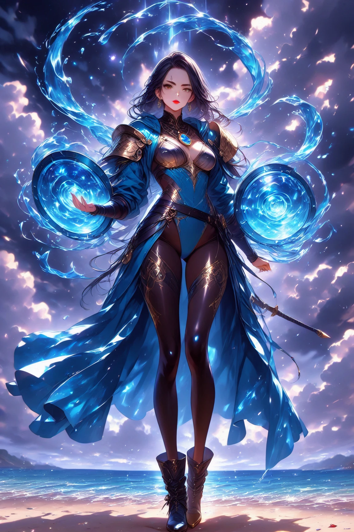 Goddess in chrome android suit, full body, positioned in a Mucha-style tarot layout, digital painting, comic book aesthetic, Princess Rey from Star Wars garbed in a gleaming white latex bodysuit, braid bun, silver accentuations, floating in a cosmic galaxy, colorful fantasy concoction, intricate details as envisioned by Jean Giraud, embellished with iridescent lighting