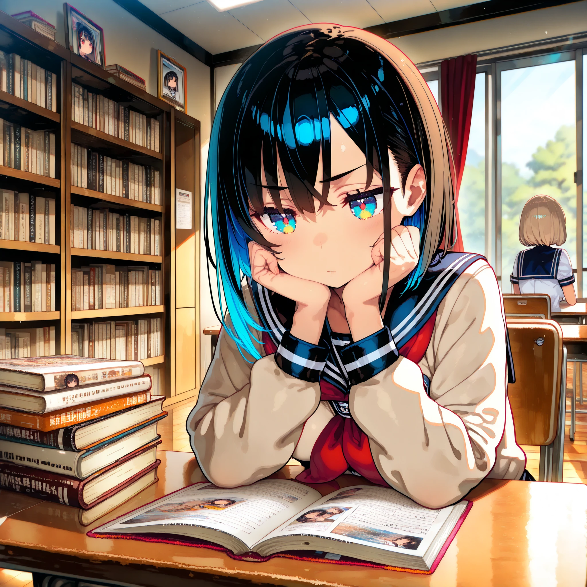 overview: Detailed explanation: |
ダークブラウンの長髪を持つ女子学生が木製のperson with elbow on desk、An illustration of a female student in uniform looking at a book that is open forward while supporting her chin with both hands。
tall bookshelves are lined up behind、The right side is presumed to be a scene where soft light is shining through a large window。
Primary target:
- Type : person
Age Group: is estimated to be a teenager
Gender: women
Expression: are presumed to be、slightly expressionless
Outfit: sailor suit and beige cardigan
Action: person with elbow on desk、I'm holding my jaw with both hands
Background:
location estimate: Indoor、libraries
Details: many books lined up on a wooden bookshelf、and window frames and outside light are visible on the right side
Shade:
Primary Color: Warm wood grain color、beige
Color scheme: The navy blue and red ribbons on the sailor suit are accents
Atmosphere: calmed down、Quiet sense of concentration
Composition:
Angle of View: eye level
Compositional techniques: subject center、symmetrical
Estimated situation: A break while studying、or thinking
Estimated intention: is estimated to express the student's inner quiet thoughts and atmosphere of concentration
Keywords for image generation: anime schoolgirl library study uniform pensive