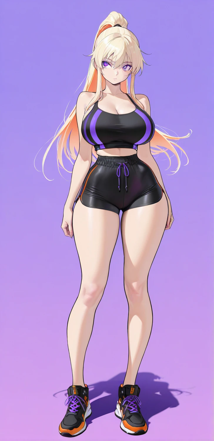 Brown hair, beautiful detailed eyes) Red eyes brown skin, halter top, shorts, long purple hair, 1 girl, breasts big, big haunches, long hair between the eyes, gazing at viewer, standing alone, whole body, standing, purple hair boots