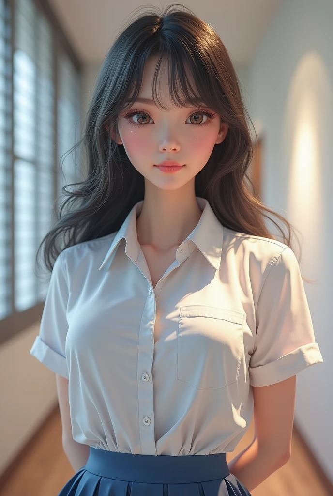 ((Realistic lighting, best qualtiy, 8k, tmasterpiece:1.3)), sharp fokus:1.2, 1girl, Beautiful Women with Perfect Figure:1.4,, ((dark brown hair)), (whitet-shirt:1.4),(inside in room,during night:1.1),Interior by the window,Ultra-fine face,Fine eyes,二重まぶた,ssmile