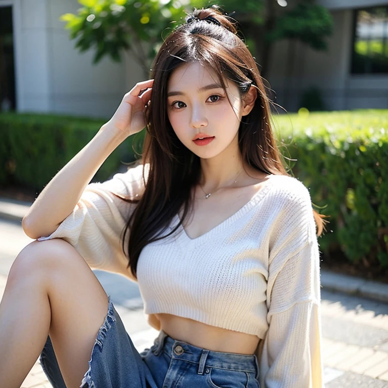 masterpiece, highest quality, High resolution,alone,Brown,artistic,Best lighting,casual,Flat Chest,Beautiful Face,expensive,smile,light makeup,Age 24,Calm woman,Detailed Hair,Laughing woman,Face Focus,Forehead,Wavy Hair,A woman wearing shorts,woman sitting on a bench,night
