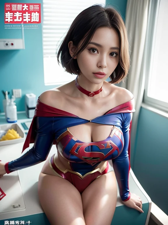 masterpiece、Rubber Supergirl Costume、short hair、barefoot、Big and ample breasts、looking at the camera、choker、Long sleeve、Cape、mini skirt、Off the shoulder、Sweaty skin、In front of laboratory equipment at the hospital、Photo magazine cover、Glamorous cleavage、Boasting beautiful legs、High leg leotard、Glamorous bare legs、Nymphomaniac young wife in her 30s、Close-up shot from the front、