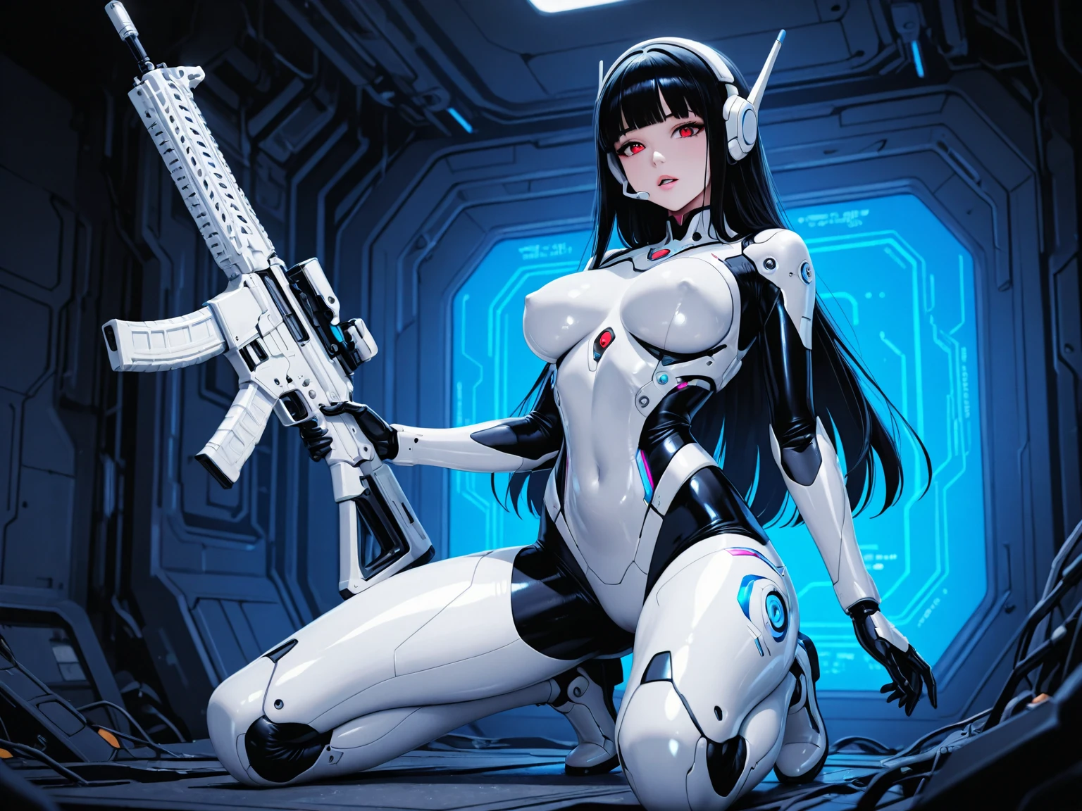 a woman sitting in front of a bunch of robots, cyberpunk art, by Ross Tran, 9gag, the mekanik doll, cyberpunk skeleton, jet black haired cyberpunk girl