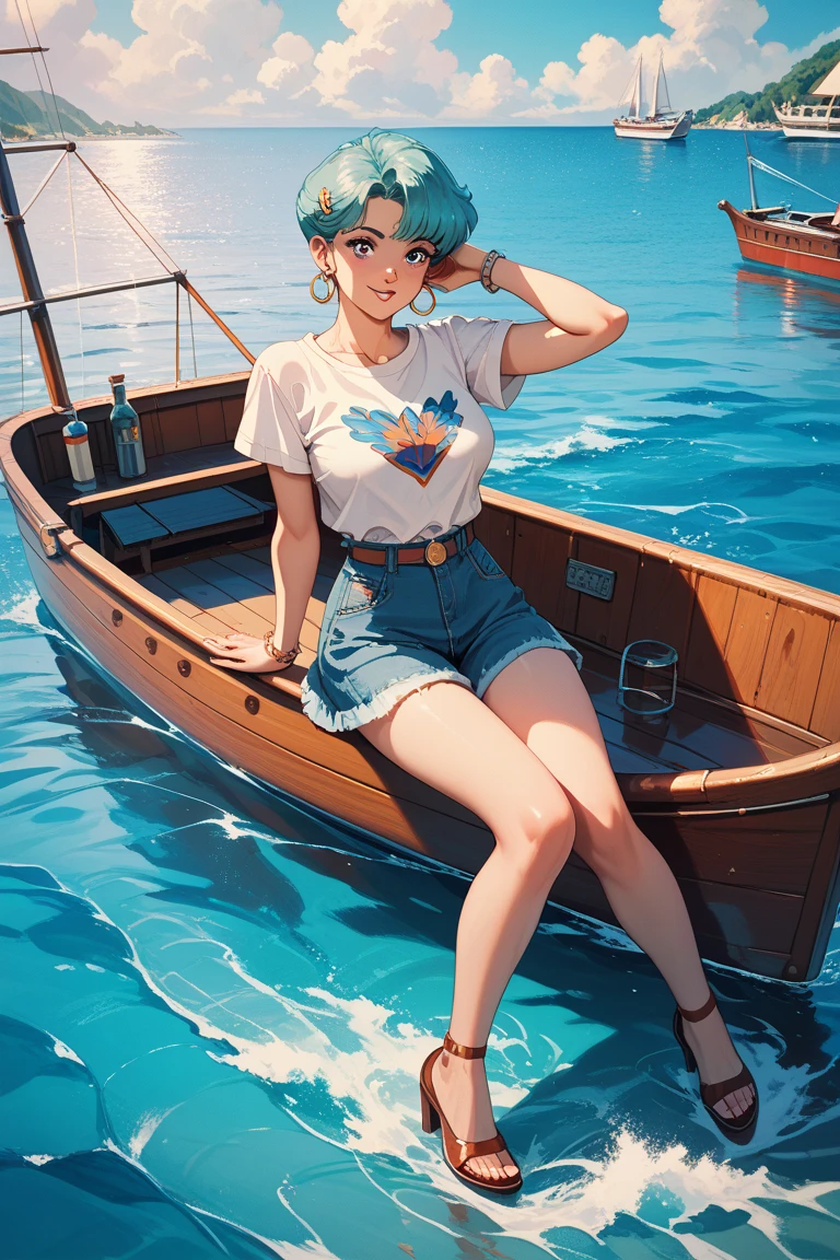 A girl sitting on a boat, sailing in the ocean, light blue hair, heart-shaped pupils, moaning, anime, blooming, three-sided view --auto --s2