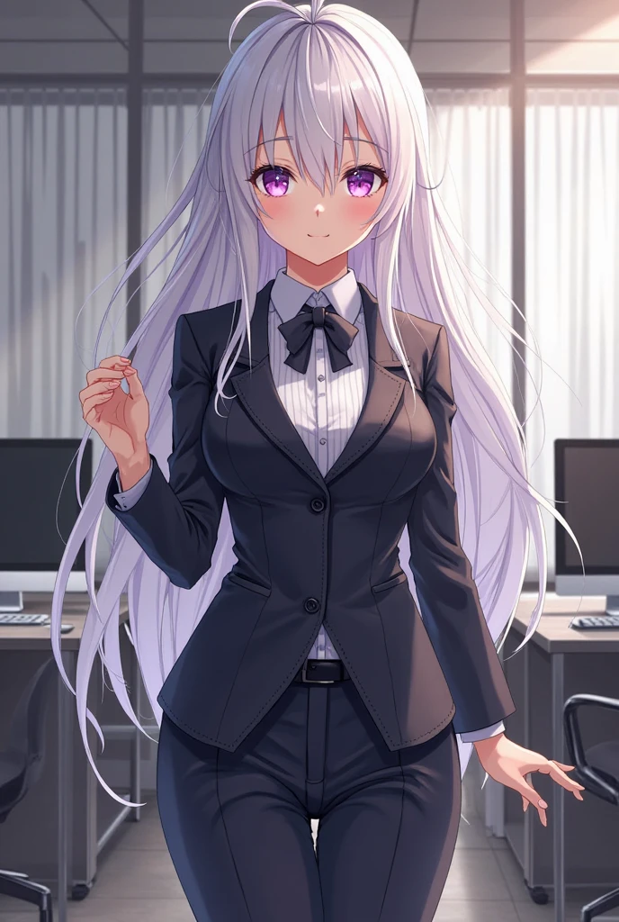 masterpiece,best quality,1girl,mature female,Irisviel von Einzbern,long hair,large breasts,business suit,smile,one eye closed,standing,hands on hips,office,<lora:IrisvielLORA:0.9>,
