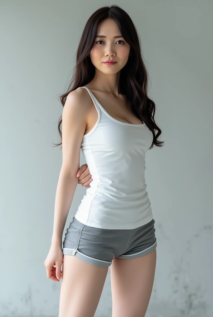 (Surreal), ((Detailed full body)), ((You can see even the shoes)), ((After school classes:1.2)), (High resolution), (8K quality), (Very detailed), (Best illustrations), (Beautiful and fine details), (Highest quality), (Ultra-detailed), (masterpiece), (wallpaper), (Detailed face), ((Plump body))、18 year old student、Light brown fringe short hair、drooping eyes,Laughter、solo,Sexy sports bra and shorts, sneakers, Japanese, High school girl, Large Breasts, Trained abdominal muscles