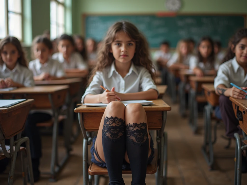 Raw photo , 1 girl ,Wearing white frock and color tie, white shoes, ((teen school girl studying on on in the classroom)), with plait, biggest breasts size , professional photographer, (hdr:1.4), masterpiece, ultra-realistic 8k, perfect artwork, intrincate details, cute face, award winning photograph, (Best quality, 8k, 32k, Masterpiece, UHD:1.3) , and legs must be showing fully