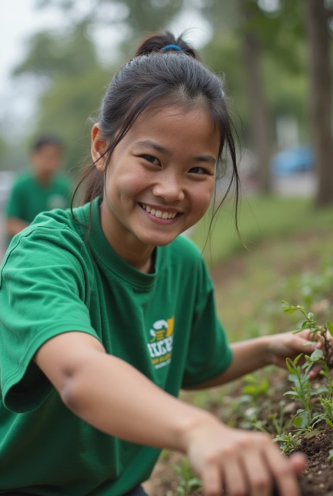 Cute girl planting trees 
