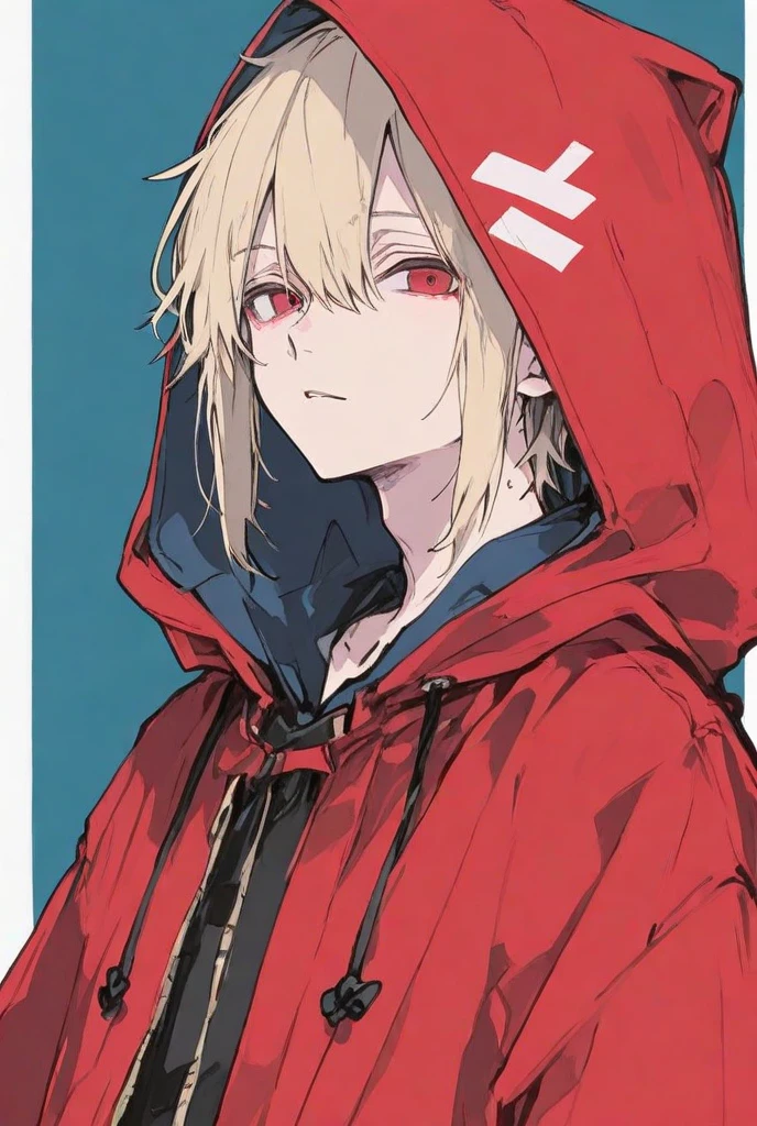 <lora:kurenaiz_style:1> kurenaiz style, 1girl, blonde hair, hood, hood down, red hoodie, short hair, closed mouth, red eyes, looking at viewer, blush, hands in pockets, medium hair, solo, simple background, sweatdrop, orange eyes, hoodie, thighs, white background