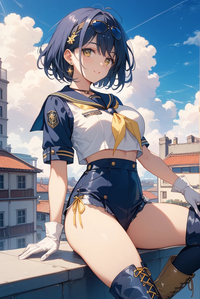 der riese art, 非常に詳細なder rieseショット, der riese, Shorthair, Giant woman bigger than a skyscraper, Wearing rimless glasses, Colossal tits, Big ass, Bikini swimwear, i'I'm playing with small aircraft carriers and battleships in the land of dwarfs.。., Full body depiction, nffsw, giga der riese, der riese, crashed warship, small warship, micro warship,