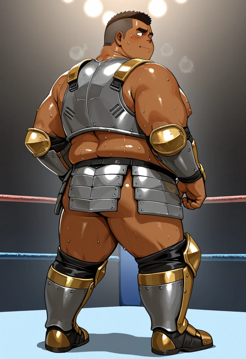 nappa, male focus, solo,cowboy shot, 1boy, bald, muscular male, abs ,black vambraces, veins, pectorals, thighs, black eyes, shoulder armor , knee armor , nipple , mustache, ( Nude ) , tail around waist, (best quality, masterpiece) , NSFW , BDSM , full body , boxing gloves , black boots , strip club stage , blushing face , ashamed face