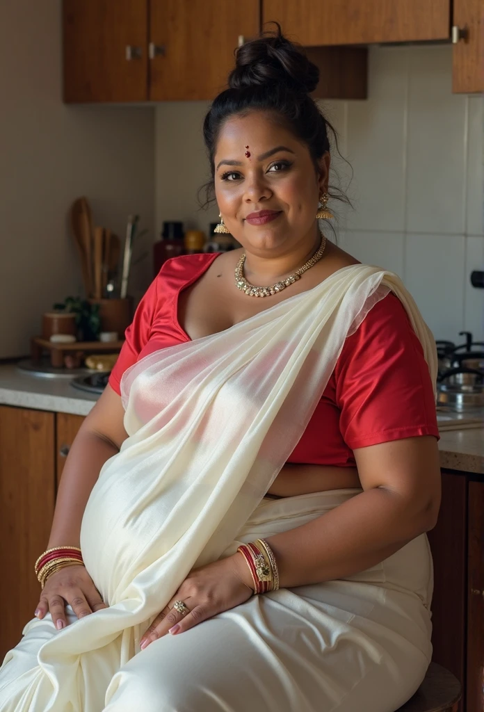 a  50-year-old shirtless man  affectionately hugging and kissing aradiant, full-figured South Indian plus-sized 30 year old teacher wearing a off white silky saree in  dressing room, (cum Splash on her face and blouse, cum Splash on her face, cum Splash)captured in a full-body image with vibrant hues and meticulous details. Full body image