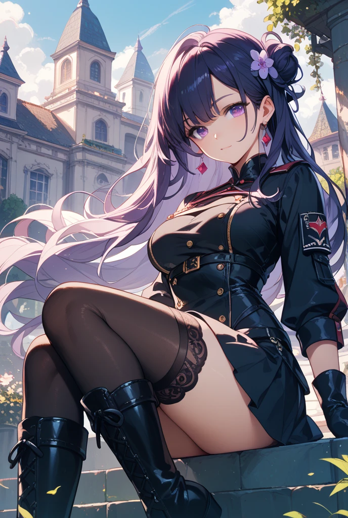 Anime girl sitting cross-legged on a bench, Enchanting anime girl,Naughty anime style, Wearing a uniform、The underboob is visible、I can see your belly、I can see your pants、Black Stockings、Wearing a hat、Not wearing a skirt、Black hair with blue and red lines、Long Hair、Large Breasts、Her  are visible through her uniform、Spreading her legs、Show your pants、Wet、Soaking wet、Light clothing、Show your pants、Panties、????? nipples