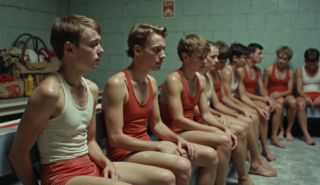 Foto RAW de corpo inteiro, Large group of ginger lanky boys 18 years old wearing tiny speedos with huge bulge, comparing their feet, large protruding ears, rosto florido (parede suja no fundo), (pele altamente detalhada: 1.2), 8k UHD, DSLR, soft-lighting, alta qualidade, film granulation, Fujifilm XT3, corpo inteiro, vista do solo