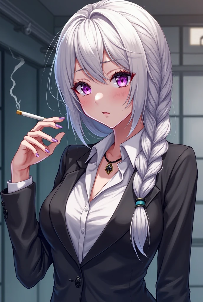 Make an albino woman, beautiful and korean, make her with black eyes looking through a window that looks out onto a clear and beautiful forest, make her wear a white coat with a black top, and make her suck a cylindrical chocolate popsicle