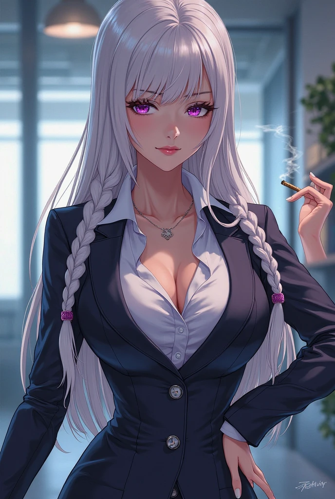 (masterpiece:1.2, best quality), (1lady, solo, upper body:1.2), clothing: white coat Accessories: Hand holding test tube, protective eyepieces Hair: Long white hair, black eyebrows Makeup: Dark brown skin, natural, glowing skin Behavior: Stand and observe the test tube, natural, relaxed, smile Location: Chemistry lab, brown-yellow eyes, huge breasts