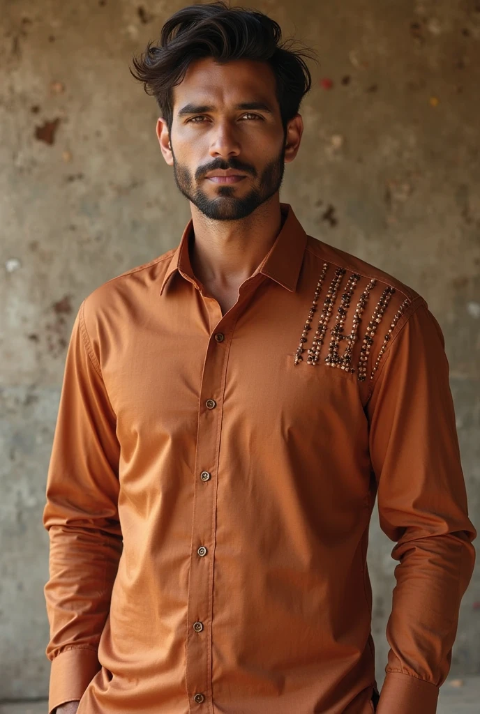 The man is batik dress red and yelow bright color dressed in a formal batik dress and jeans, creating a casual yet fashionable look at the city