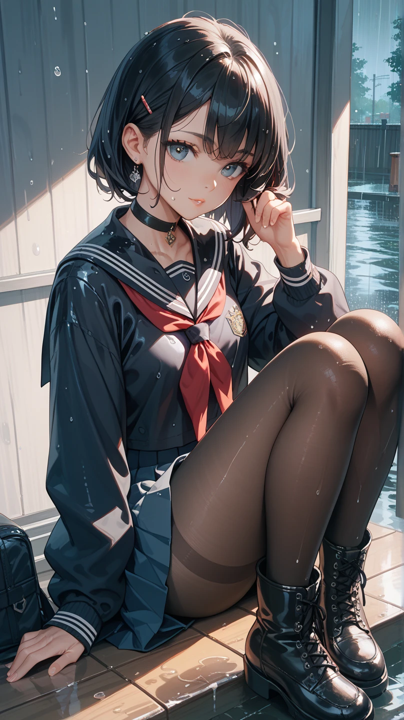 (((Perfect Anatomy, Anatomically correct, Very detailedな肌))), 1 girl, Japanese, high school girl, Shiny skin,
Beautiful Hair, Beautiful Face, Beautiful fine details, (short hair:1.1, Bobcut:1.2), Dark blonde hair:1, blue eyes, Baby Face, Mole under the eye,
Beautiful clavicle, Beautiful body, Beautiful breasts, Large Breasts:0.5, Beautiful thighs, Beautiful feet,
((Long sleeve, All black sailor suit, Black pleated skirt, Black sailor collar, Red Sailor Scarf, black tights, Brown Loafers)), Captivating thighs, ,
((Ahegao, Embarrassing, Drooling, Open your mouth)), ((squat, Spread your legs, Roll up the skirt yourself)),
(Beautiful views), winter, School rooftop, building, Chain link fence,
8k, highest quality, Masterpiece:1.2, Very detailed), (Realistic), Beautiful illustrations, Natural light, Is urinating