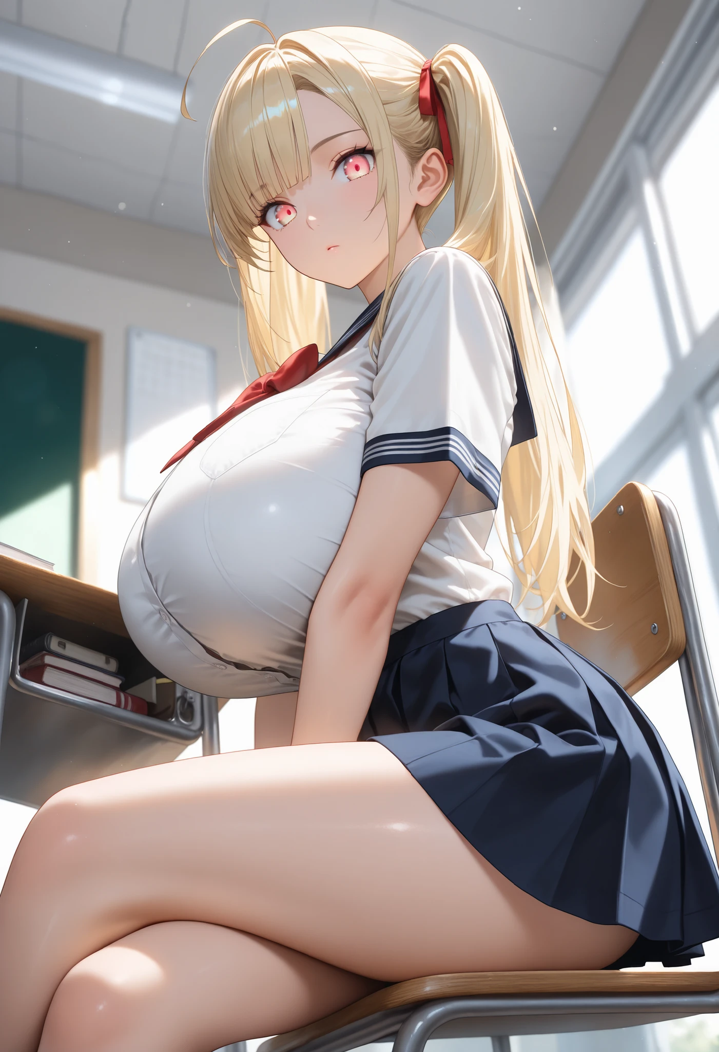 Solo (((best quAltiy)), (Super Detail), 1 Girl,(Huge bust:1.5) Blonde straight hair, School, classroom, white panties 15 years old, Skinny legs, uniform, skirt,Nipple piercing,(The bra is see-through) ear nipple ring, Tongue Piercing, Stud earrings, Black choker, Loose tie, socks, Serafuku, Neppa, Sailor collar, プリーツskirt, 白いsocks, 黒いskirt, 黒いskirt, Short sleeve,shirt,白いshirt,Black Sailor Collar,Blue scarf,ミニランジェリーTshirt,Underbust,Beaded Bracelets,Clenching the wrist,Long fingernails,Open her mouth,Smile,By bangs,Little Brest,,perfect hand,Detailed fingers of the hand,Look up_Al_Viewer,high high quAlity,Rich details,perfect image quAlity,(Embarrassed face)