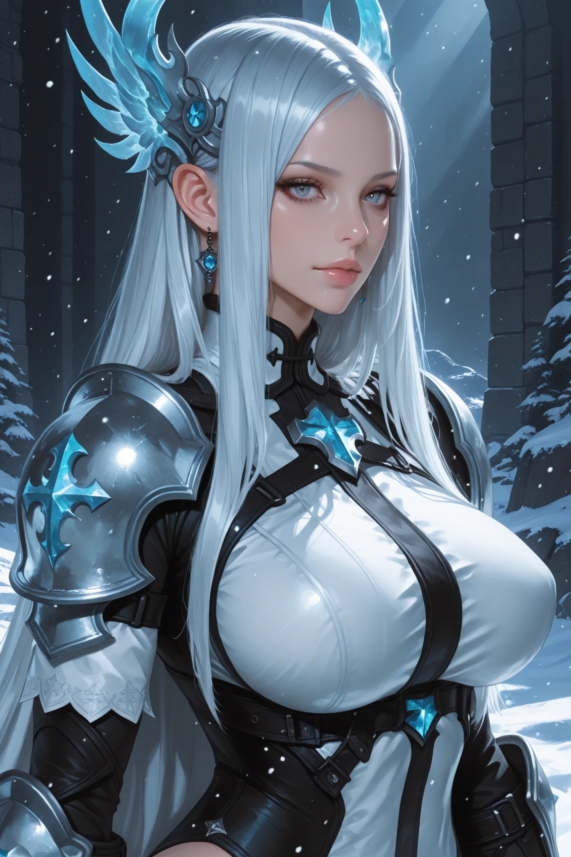 ((nsfw)),((gigantic breast:1)),Cyberpunk, mechanical, broken, there is a picture of a very large iceberg, cyberpunk, mechanical, broken, with a lot of snow, dungeon background, icicle background, arena background, game background, dark dark cave background,a female warrior squatting,((smile:1))