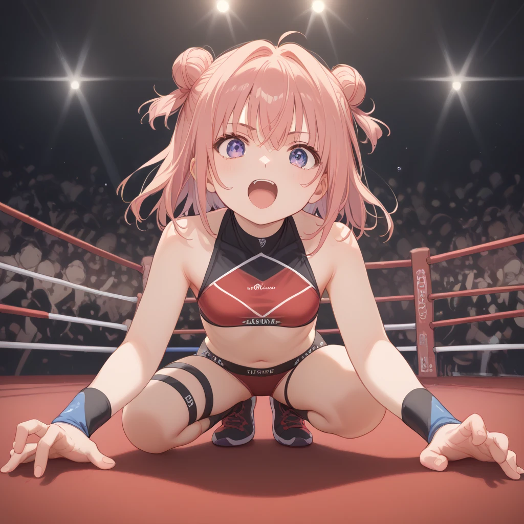 18year old, ((top-quality)), ((masterpiece)), (high-detail:1.3), (upper body), (((front view))), Beautiful face, (naked), ((woman wearing pink lace-up shorts)), ((studded dog collar)), ((sweatbands)), ((pink sneakers)), ((pink hairband)), (((small breasts))), Slim waist, small buttocks, (Japanese beauty), superfine illustration, exaggerated hair, ((long rainbow-gradient hair with bangs and twintails)), (no bra!), ((barechested!), boxing ring!, (tribal tattoo), (((cuts and grazes on skin))), (neon signs)
