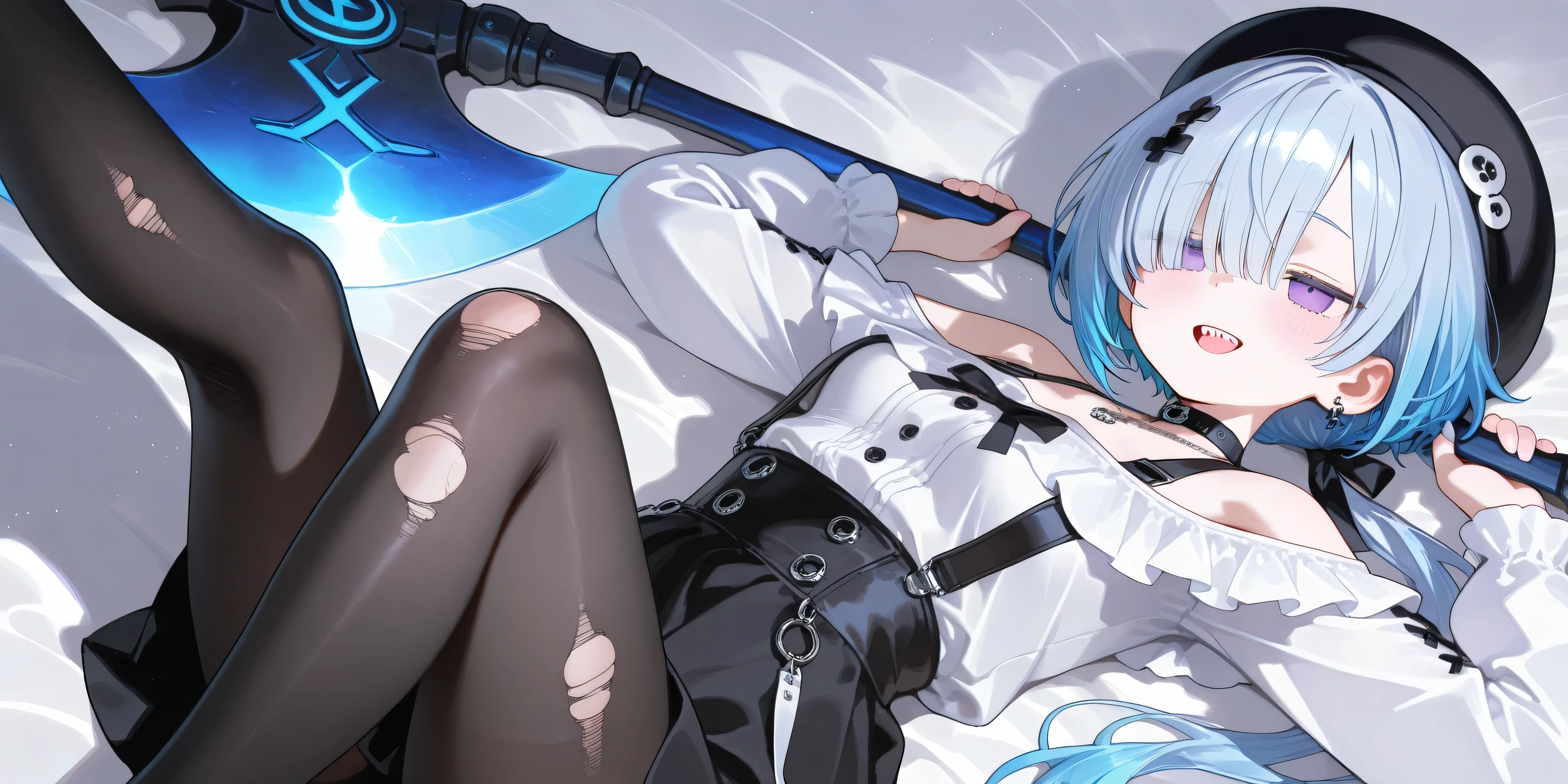 、High Quality、、 boyish girl、motion blur effect 、 black hat  、Hair Accessory、Blue hair、double teeth、low ponytail、Stupid hair、damaged black pantyhose、solo、、 Casual white goth fashion showing off both shoulders、detailed depiction、4K、8k、Extremely detailed、HDR、super high resolution、、非常にdetailed depiction、Professional、 simple eyes 、Slam a giant axe