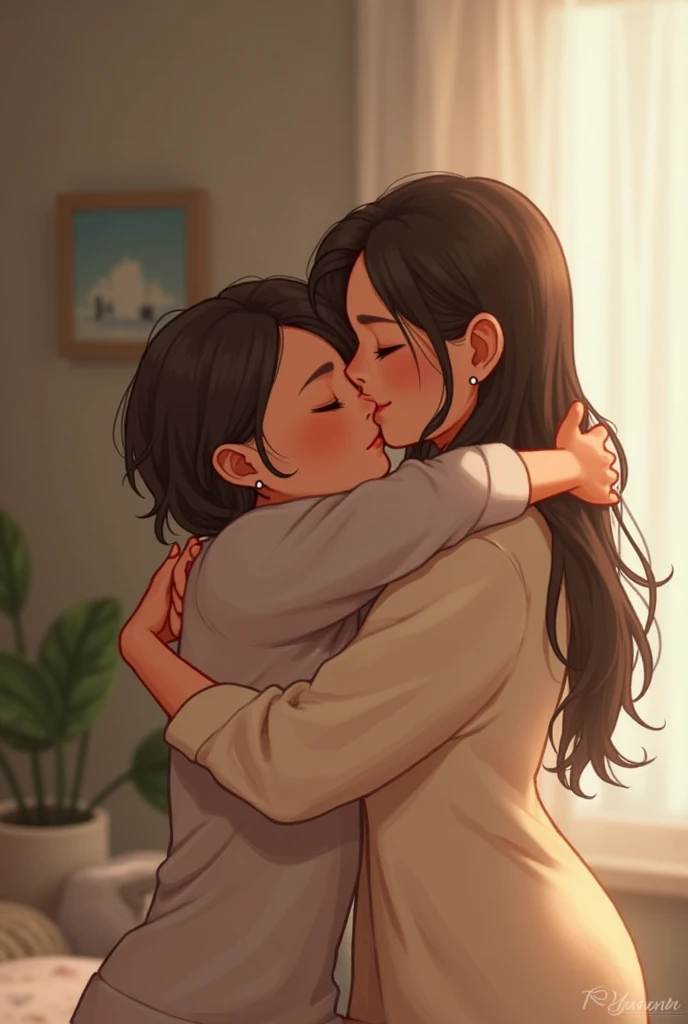 Mother kissing her daughter's breast, mom's raised ass on the bed, Bblack hair, and quality purple hair, yellow eyes. and green eyes, blushed face. (voluminous vagina). (smooth breasts)