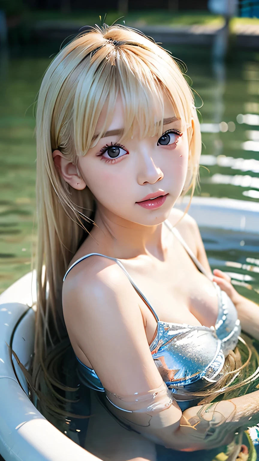 (8K), (Best Quality), (Realistic), (Photorealsitic:1.37), Ultra-detailed, 1girl in, Cute,((Just get out of the lake)),Smile,Beautiful detailed eyes, beautiful detailed nose, Full body, Wet hair, ((White shirt and dress)) ,Film grain,see through,((Wet)),((see through)),(((No bra))),(((Pose Seductive))),(((stroking your hair with one hand)))、bright expression、poneyTail、Young shiny shiny white shiny skin、Best Looks、Blonde reflected light、Platinum blonde hair with dazzling highlights、shiny light hair,、Super long silky straight hair、Beautiful bangs that shine、Glowing crystal clear attractive big blue eyes、Very beautiful nice cute 16 year old girl、Lush bust,((Rejoice with the whole body:1.5))++、natural make up、((Marie Rose))+、Makeup that the eyes emphasize、disheveled clothing、(((Half Japan and half Korean)))