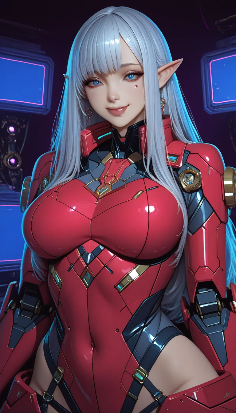 (masterpiece, best quality, ultra detailed, absurdres)1.5, 1girl, (sexy, beautiful woman, perfect face, perfect eyes, perfect female body)1.5, (AliciaViewstream, wavy hair, long hair, blonde hair, red eyes, mature female, milf, v-shaped eyebrows, red lips, extremely detailed clothes, smile, red elbow gloves, red thigh boots, red impossible clothes, ), space station should be very detailed，depth of fields。Create depth with atmospheric lighting，wide wide shot。Use atmospheric and volumetric lighting to enhance space station detail。illuminated by neon lights,  textured colored background, Colourful, vibrant, cyber outfit, Futuristic, ((Award-winning ultra-realistic photos))，（Hyper-detailing, Complicated details），（High resolution CGI artwork 8k, cybernetic background,