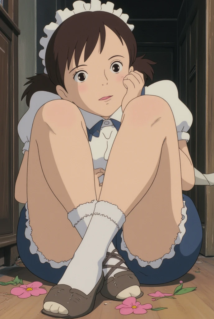 laudrey, 1girl, solo, brown hair, bow, hair bow, smile, flat torso, socks, nude, shoes, short hair, twin braids, puffy sleeves,looking at viewer, sitting, wet legs, ass, pussy, front view